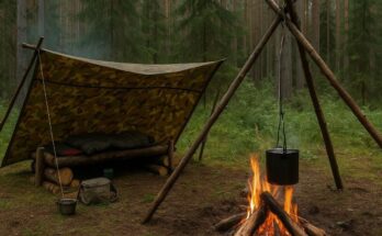 A lone camper building a lean-to shelter beside a small fire in a dense forest at dusk.