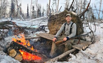 snow-covered Alaskan forest at dusk, a small primitive wood-fire shelter barely visible in the snow